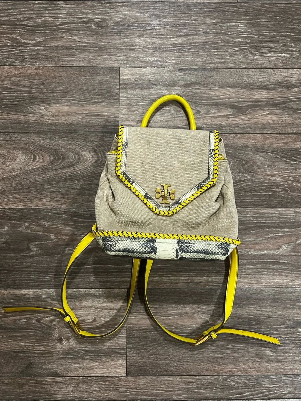 TORY BURCH Kira Braided Beige Canvas Backpack with Yellow Trim and Snakeskin